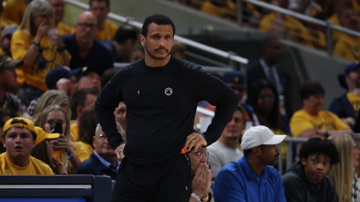 May 25, 2024; Indianapolis, Indiana, USA; Boston Celtics head coach Joe Mazzulla looks on during the second quarter of game three of the eastern conference finals against the Indiana Pacers in the 2024 NBA playoffs at Gainbridge Fieldhouse. Mandatory Credit: Trevor Ruszkowski-Imagn Images