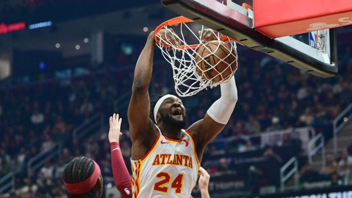 Dec 16, 2023; Cleveland, Ohio, USA; Atlanta Hawks forward Bruno Fernando (24) dunks during the first half against the Cleveland Cavaliers at Rocket Mortgage FieldHouse. Mandatory Credit: Ken Blaze-USA TODAY Sports