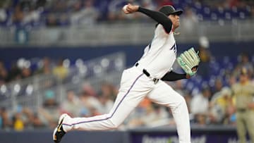 Jul 22, 2025; Miami, Florida, USA;  Miami Marlins pitcher Edward Cabrera (27) pitches in the first inning against the San Diego Padres at loanDepot Park. Mandatory Credit: Jim Rassol-Imagn Images