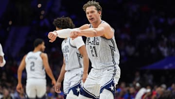 Dec 6, 2024; Philadelphia, Pennsylvania, USA; Orlando Magic forward Moritz Wagner (21) reacts against the Philadelphia 76ers in the fourth quarter at Wells Fargo Center. Mandatory Credit: Kyle Ross-Imagn Images