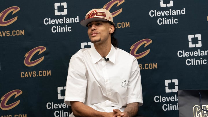 Cavaliers rookie Jaylon Tyson fields questions at his introductory press conference on July 27, 2024