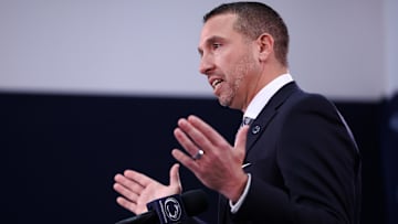 Dec 8, 2025; University Park, PA, USA; Matt Campbell is announced as the Penn State Nittany Lions new head coach during a press conference at the Beaver Stadium Press Room. Mandatory Credit: Matthew O'Haren-Imagn Images