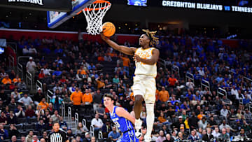 Tennessee guard Jahmai Mashack (15) takes a shot while defended by Creighton forward Mason Miller (13) during a NCAA Tournament Sweet 16 game between Tennessee and Creighton held at Little Caesars Arena in Detroit on Friday, March 29, 2024.