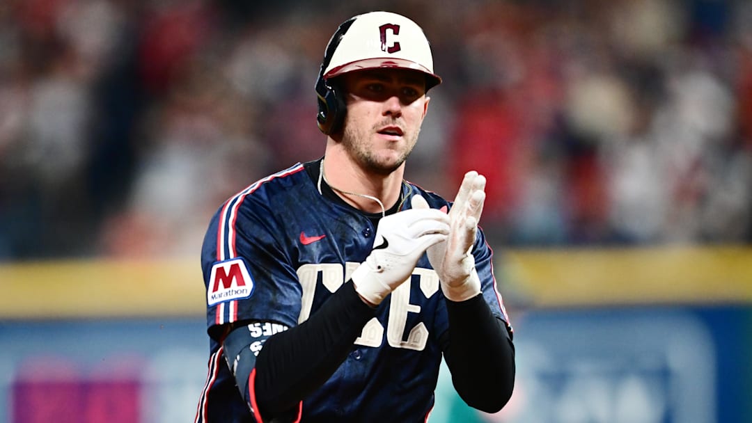 Aug 29, 2025; Cleveland, Ohio, USA; Cleveland Guardians right fielder Nolan Jones (22) rounds the bases after hitting a home run against the Seattle Mariners during the seventh inning at Progressive Field. Mandatory Credit: Ken Blaze-Imagn Images