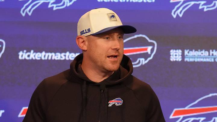 Jun 9, 2026; Orchard Park, NY, USA; Buffalo Bills head coach Joe Brady answers questions during practice press conference. Mandatory Credit: Gregory Fisher-Imagn Images