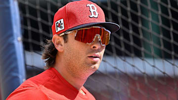 Apr 10, 2025; Boston, Massachusetts, USA; Boston Red Sox first baseman Triston Casas (36) steps out of the batting cage during practice before a game against the Toronto Blue Jays at Fenway Park.