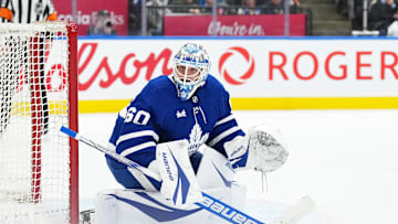 Jan 20, 2025; Toronto, Ontario, CAN; Toronto Maple Leafs goaltender Joseph Woll (60) follows the play against the Tampa Bay Lightning during the second period at Scotiabank Arena. Mandatory Credit: Nick Turchiaro-Imagn Images