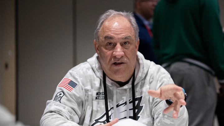Feb 5, 2025; New Orleans, LA, USA; Philadelphia Eagles defensive coordinator Vic Fangio speaks with the media during a press conference at Hilton New Orleans Riverside. Mandatory Credit: Bill Streicher-Imagn Images