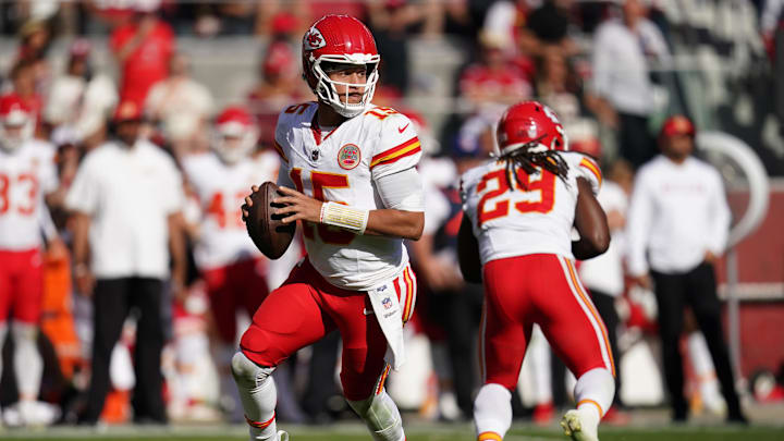 Oct 20, 2024; Santa Clara, California, USA; Kansas City Chiefs quarterback Patrick Mahomes (15) looks to throw a pass against the San Francisco 49ers in the third quarter at Levi's Stadium. Mandatory Credit: Cary Edmondson-Imagn Images