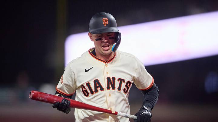 Apr 2, 2026; San Francisco, California, USA; San Francisco Giants catcher Daniel Susac (6) reacts while batting against the New York Mets during the seventh inning at Oracle Park. Mandatory Credit: Robert Edwards-Imagn Images