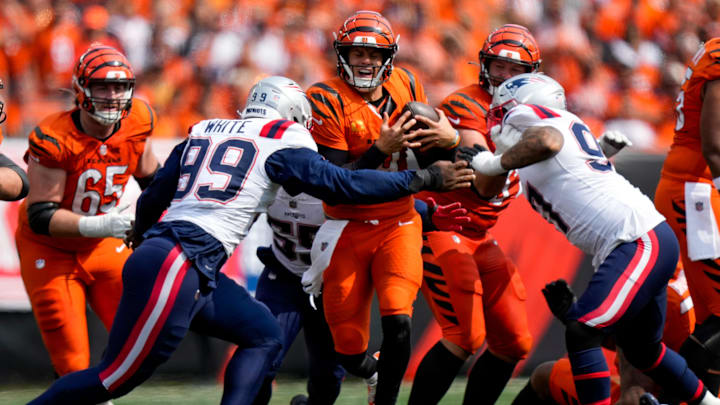 Cincinnati Bengals quarterback Joe Burrow (9) is sacked in the fourth quarter of the NFL Week 1 game between the Cincinnati Bengals and the New England Patriots at Paycor Stadium in downtown Cincinnati on Sunday, Sept. 8, 2024. The Patriots won the season opener, 16-10.