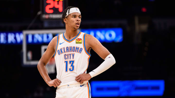 Oct 9, 2023; Oklahoma City, Oklahoma, USA; Oklahoma City Thunder forward Ousmane Dieng (13) during the game against the San Antonio Spurs at Paycom Center. Mandatory Credit: Rob Ferguson-USA TODAY Sports