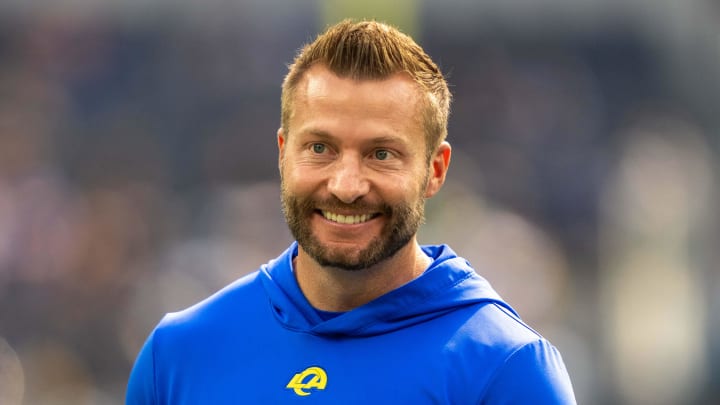 October 15, 2023; Inglewood, California, USA; Los Angeles Rams head coach Sean McVay smiles before the game against the Arizona Cardinals at SoFi Stadium. Mandatory Credit: Kyle Terada-USA TODAY Sports