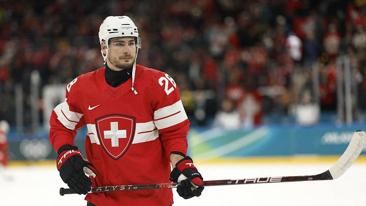 Timo Meier of Switzerland during the Milano Cortina 2026 Olympic Winter Games: Geoff Burke-Imagn Images