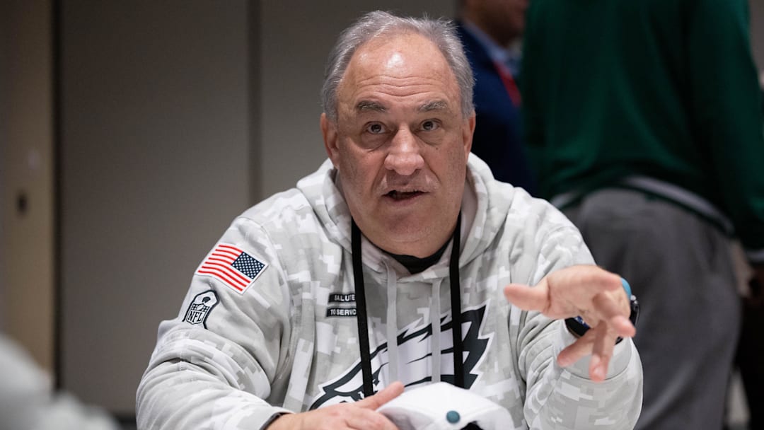 Feb 5, 2025; New Orleans, LA, USA; Philadelphia Eagles defensive coordinator Vic Fangio speaks with the media during a press conference at Hilton New Orleans Riverside.