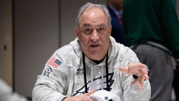 Feb 5, 2025; New Orleans, LA, USA; Philadelphia Eagles defensive coordinator Vic Fangio speaks with the media during a press conference at Hilton New Orleans Riverside.