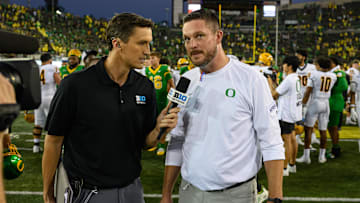 Aug 31, 2024; Eugene, Oregon, USA; Oregon Ducks head coach Dan Lanning in post game interview after the game against the Idaho Vandals at Autzen Stadium. Mandatory Credit: Craig Strobeck-Imagn Images