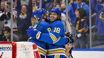 Mar 22, 2025; St. Louis, Missouri, USA;  St. Louis Blues center Robert Thomas (18) celebrates with center Dylan Holloway (81) after scoring against the Chicago Blackhawks during the second period at Enterprise Center. Mandatory Credit: Jeff Curry-Imagn Images