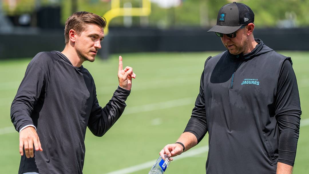 Jacksonville Jaguars general manager James Gladstone, left, talks with Jacksonville Jaguars head coach Liam Coen, right, after the. Jacksonville Jaguars’ mandatory minicamp Tuesday June 10, 2025 at the Miller Electric Center in Jacksonville, Fla. [Doug Engle/Florida Times-Union]
