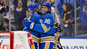 Mar 22, 2025; St. Louis, Missouri, USA;  St. Louis Blues center Robert Thomas (18) celebrates with center Dylan Holloway (81) after scoring against the Chicago Blackhawks during the second period at Enterprise Center. Mandatory Credit: Jeff Curry-Imagn Images