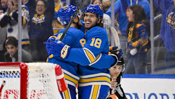 Mar 22, 2025; St. Louis, Missouri, USA;  St. Louis Blues center Robert Thomas (18) celebrates with center Dylan Holloway (81) after scoring against the Chicago Blackhawks during the second period at Enterprise Center. Mandatory Credit: Jeff Curry-Imagn Images