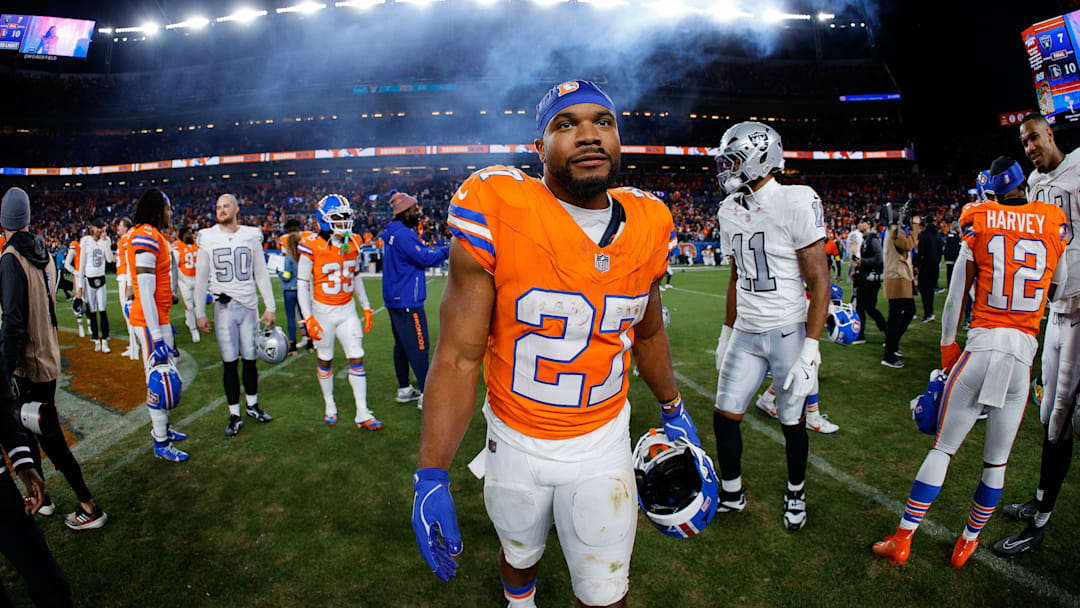 Nov 6, 2025; Denver, Colorado, USA; Denver Broncos running back J.K. Dobbins (27) after the game against the Las Vegas Raiders at Empower Field at Mile High. Mandatory Credit: Isaiah J. Downing-Imagn Images