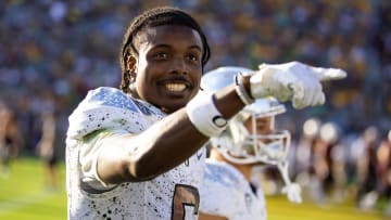 Nov 18, 2023; Tempe, Arizona, USA; Oregon Ducks defensive back Khyree Jackson (5) against the Arizona State Sun Devils at Mountain America Stadium. Mandatory Credit: Mark J. Rebilas-USA TODAY Sports