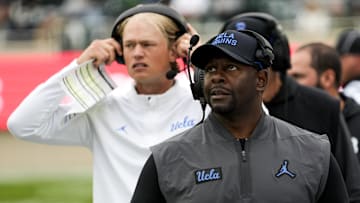 Oct 11, 2025; East Lansing, Michigan, USA; UCLA Bruins interim head coach Tim Skipper looks up at the video board in the fourth quarter at Spartan Stadium. Mandatory Credit: Brendan Mullin-Imagn Images