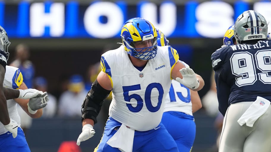 Aug 9, 2025; Inglewood, California, USA; Los Angeles Rams center Beaux Limmer (50) in the first half against the Dallas Cowboys at SoFi Stadium. Mandatory Credit: Kirby Lee-Imagn Images | Kirby Lee-Imagn Images