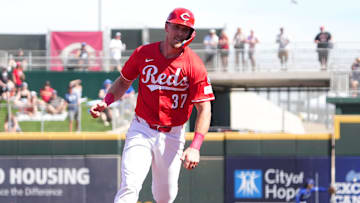 Feb 24, 2025; Goodyear, Arizona, USA; Cincinnati Reds catcher Tyler Stephenson (37) runs the bases against the Los Angeles Dodgers during the first inning at Goodyear Ballpark. Mandatory Credit: Joe Camporeale-Imagn Images