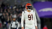 Cincinnati Bengals defensive end Trey Hendrickson (91) paces behind the line in the second quarter of the NFL Week 11 game between the Baltimore Ravens and the Cincinnati Bengals at M&T Bank Stadium in Baltimore on Thursday, Nov. 16, 2023.