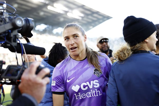 Washington Spirit goalkeeper Aubrey Kingsbury is interviewed after defeating NJ/NY Gotham FC in a 2024 NWSL Playoff