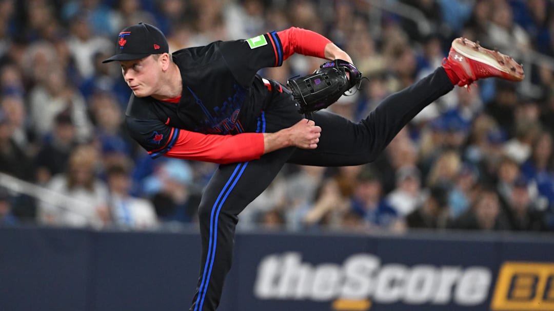 Apr 10, 2026; Toronto, Ontario, CAN;   Toronto Blue Jays relief pitcher Louis Varland (77) delivers a pitch against the Minnesota Twins in the sixth inning at Rogers Centre. Mandatory Credit: Dan Hamilton-Imagn Images