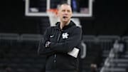 Mar 20, 2025; Milwaukee, WI, USA;  Kentucky Wildcats head coach Mark Pope looks on during NCAA Tournament First Round Practice at Fiserv Forum. Mandatory Credit: Jeff Hanisch-Imagn Images