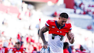 Oct 19, 2024; Tucson, Arizona, USA; Arizona Wildcats wide receiver Tetairoa McMillan (4) runs back into the locker room at the end of the fourth quarter against the Colorado Buffaloes at Arizona Stadium. Mandatory Credit: Aryanna Frank-Imagn Images