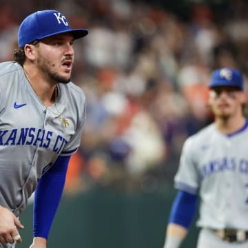 Kansas City Royals first baseman Vinnie Pasquantino (9) reacts after a collision with Houston Astros catcher Yainer Diaz (21)(not pictured) in the eighth inning at Minute Maid Park on Aug 29.