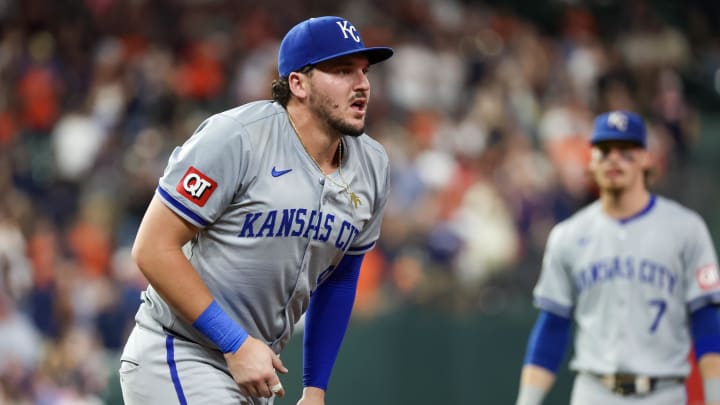 Kansas City Royals first baseman Vinnie Pasquantino (9) reacts after a collision with Houston Astros catcher Yainer Diaz (21)(not pictured) in the eighth inning at Minute Maid Park on Aug 29.