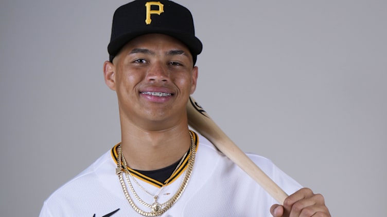 Feb 22, 2023; Bradenton, FL, USA;  Pittsburgh Pirates catcher Endy Rodriguez (25) poses for photos