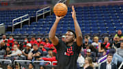 Apr 10, 2022; Orlando, Florida, USA; Miami Heat guard Victor Oladipo (4) warms up before the game against the Orlando Magic at Amway Center. Mandatory Credit: Mike Watters-Imagn Images