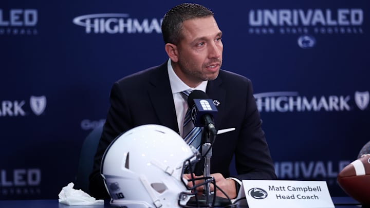 Dec 8, 2025; University Park, PA, USA; Matt Campbell answers questions from the media after being announced as the Penn State Nittany Lions new head coach during a press conference at the Beaver Stadium Press Room. Mandatory Credit: Matthew O'Haren-Imagn Images