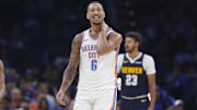 Oct 17, 2025; Oklahoma City, Oklahoma, USA; Oklahoma City Thunder forward Jaylin Williams (6) walks down the court during a time out against Denver Nuggets during the second half at Paycom Center. Mandatory Credit: Alonzo Adams-Imagn Images