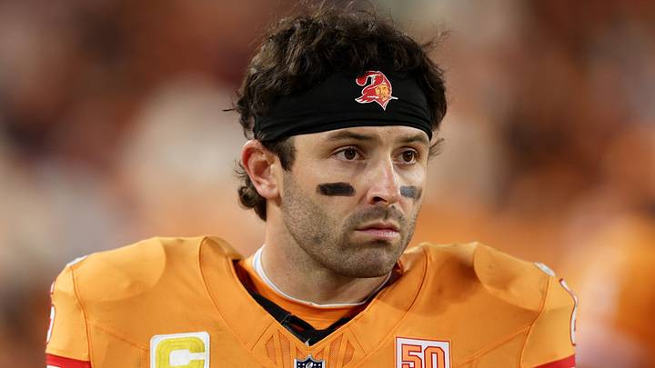 Dec 11, 2025; Tampa, Florida, USA; Tampa Bay Buccaneers quarterback Baker Mayfield (6) looks on against the Atlanta Falcons during the fourth quarter at Raymond James Stadium. Mandatory Credit: Nathan Ray Seebeck-Imagn Images