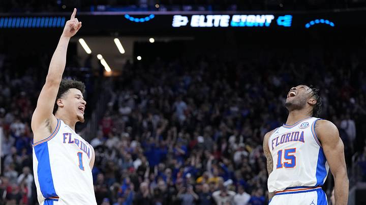 Mar 29, 2025; San Francisco, CA, USA; Florida Gators guard Walter Clayton Jr. (1) and guard Alijah Martin (15) celebrate defeating the Texas Tech Red Raiders during the West Regional final of the 2025 NCAA tournament at Chase Center. Mandatory Credit: Kyle Terada-Imagn Images