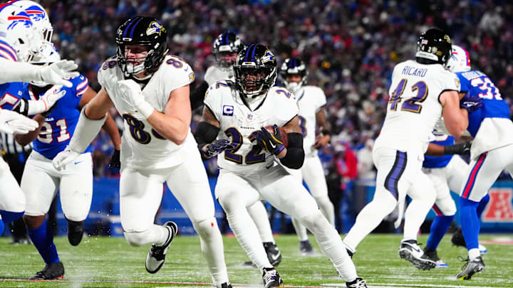 Jan 19, 2025; Baltimore Ravens running back Derrick Henry (22) runs the ball during the third quarter against the Buffalo Bills. Jan 19, 2025; Baltimore Ravens running back Derrick Henry (22) runs the ball during the third quarter against the Buffalo Bills.