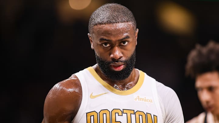 Jan 17, 2026; Atlanta, Georgia, USA; Boston Celtics guard Jaylen Brown (7) in action against the Atlanta Hawks in the first quarter at State Farm Arena. Mandatory Credit: Brett Davis-Imagn Images