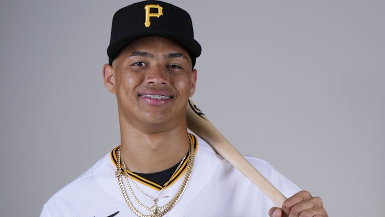 Feb 22, 2023; Bradenton, FL, USA;  Pittsburgh Pirates catcher Endy Rodriguez (25) poses for photos