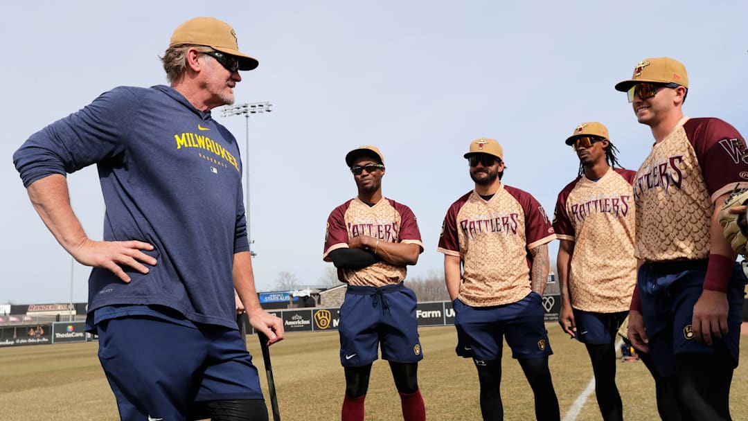 Wisconsin Timber Rattlers' manager Joe Ayrault talks to players prior to taking the field against the against the Peoria Chiefs during their home opener baseball game Tuesday, April 11, 2023, at Neuroscience Group Field at Fox Cities Stadium in Grand Chute, Wis. Dan Powers/USA TODAY NETWORK-Wisconsin.

Apc Rattlersvspeoria0411230189djp
