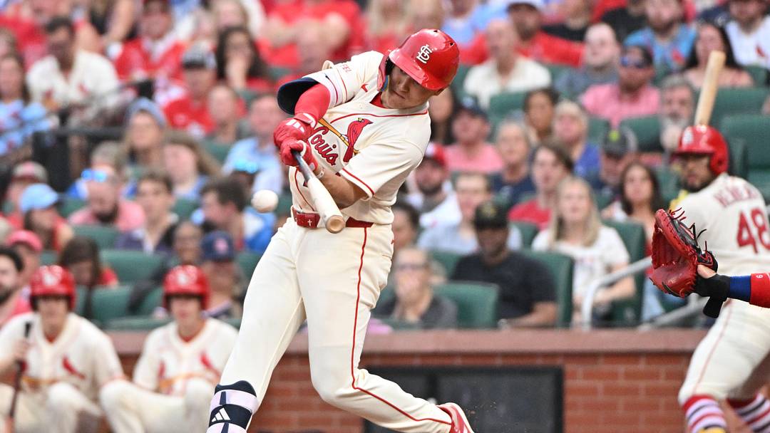 May 30, 2026; St. Louis, Missouri, USA; St. Louis Cardinals second baseman JJ Wetherholt (26) hits a single against the Chicago Cubs during the fourth inning at Busch Stadium. Mandatory Credit: Jeff Le-Imagn Images