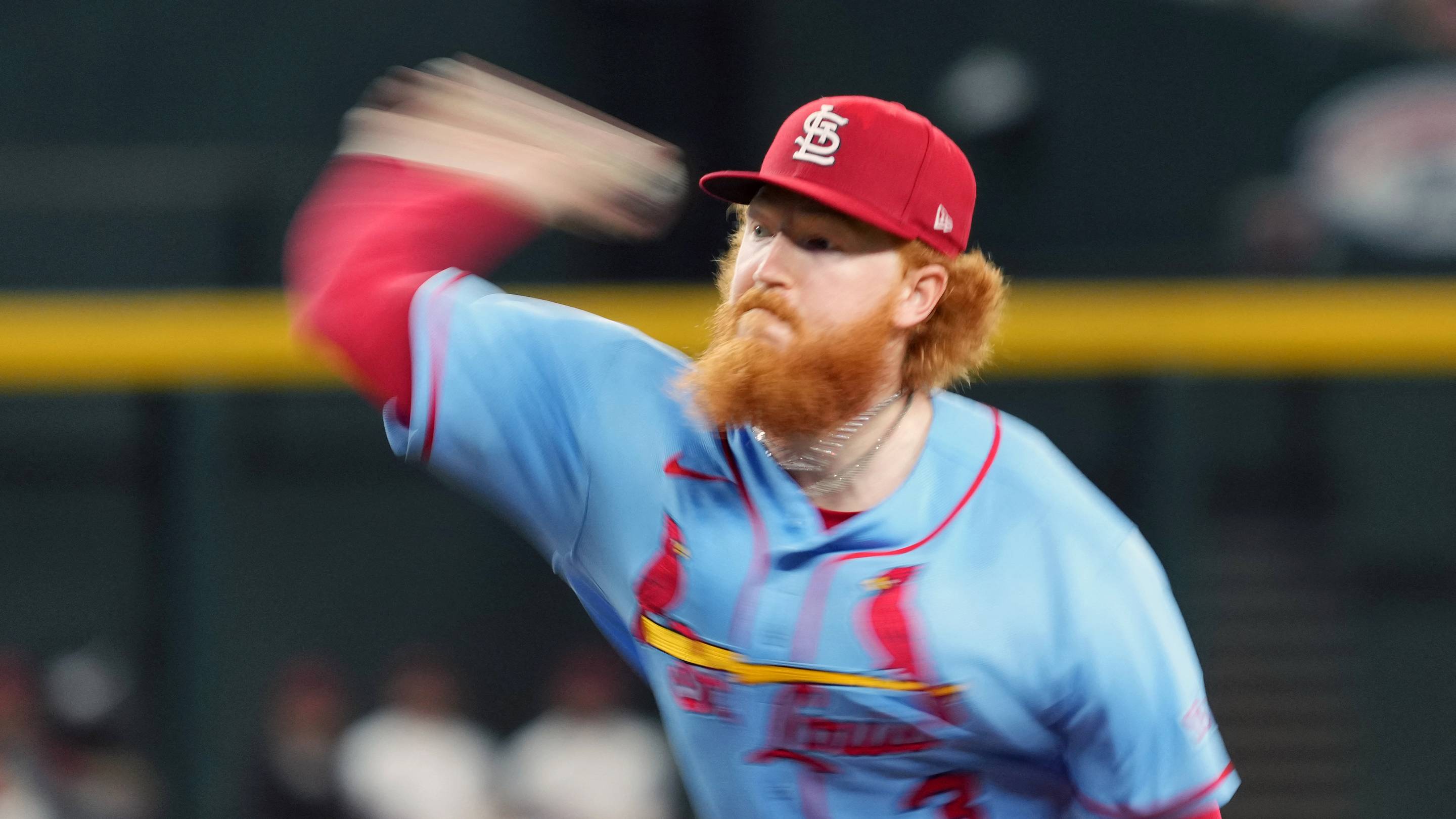 Jul 18, 2026; Phoenix, Arizona, USA; St. Louis Cardinals pitcher Dustin May (3) throws against the Arizona Diamondbacks in the third inning at Chase Field. Mandatory Credit: Rick Scuteri-Imagn Images