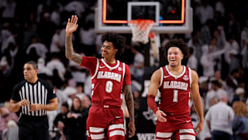 Jan 11, 2025; College Station, Texas, USA; Alabama Crimson Tide guards Labaron Philon (0) and Mark Sears (1) react after the final buzzer against the Texas A&M Aggies  at Reed Arena. Mandatory Credit: Erik Williams-Imagn Images